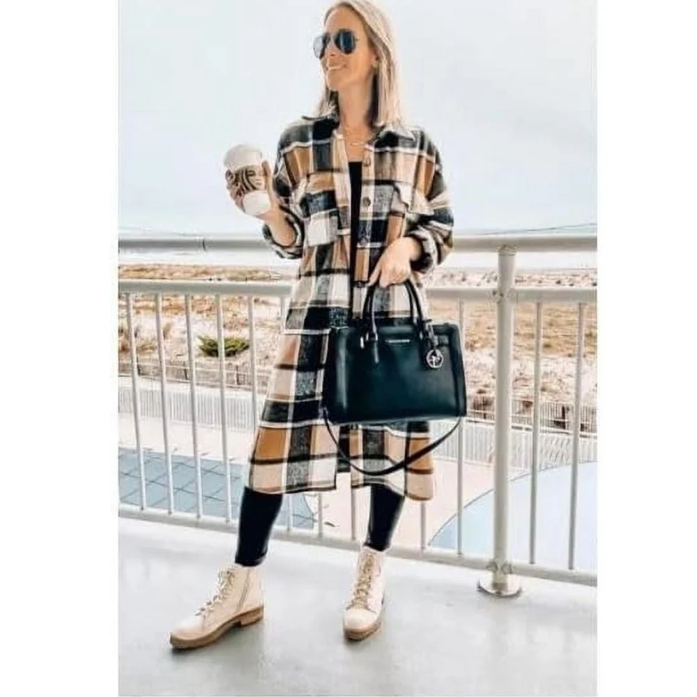 Women's Casual Plaid Long Shacket Shirt Jacket Button Front Oversized Lapel Coat